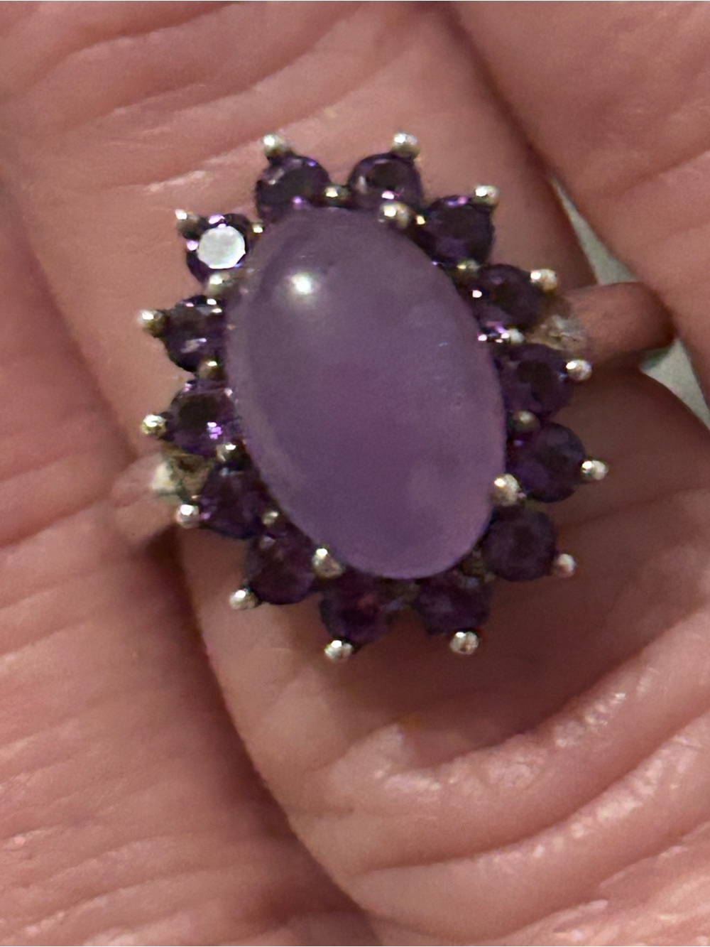 Lavender Jade/Oval Cabochon amethyst Halo Ring - Women size 6 sterling silver